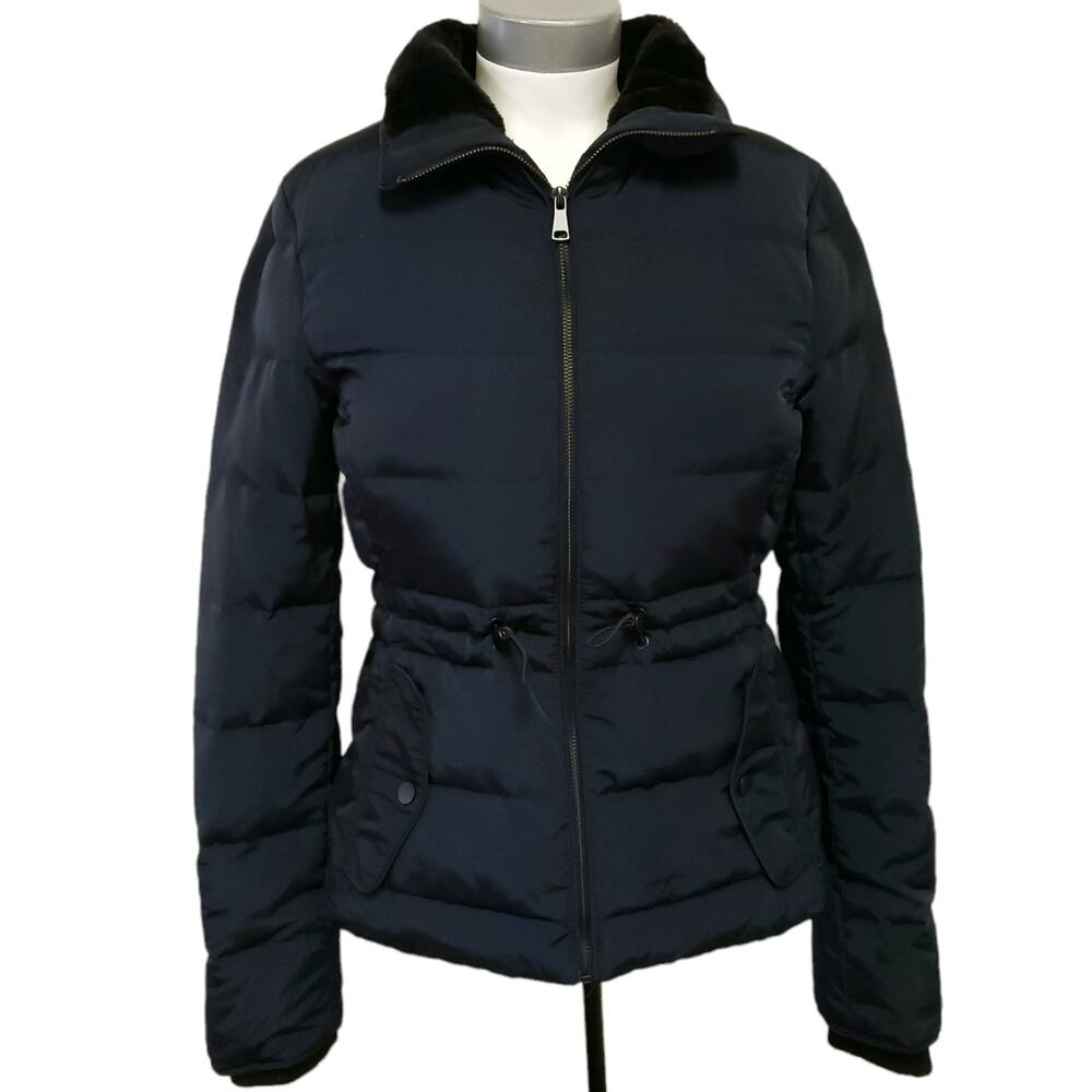 ZARA Woman feather down faux fur collar puffer winter jacket navy blue Size XS